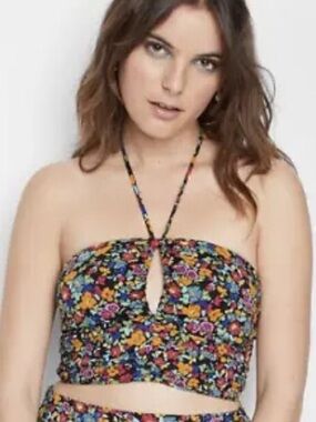 Wild Fable Vibrant Floral Ruched Halter Crop Top Large